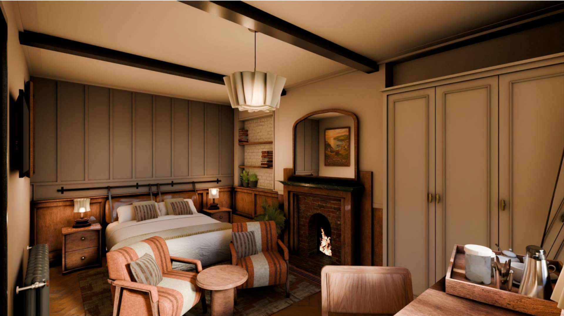 The Billiard Room bedroom at The Crown Hotel with period furnishings