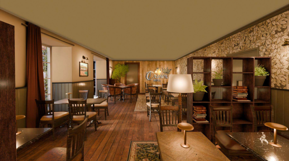 The Crown Hotel restaurant interior with dining tables and warm lighting